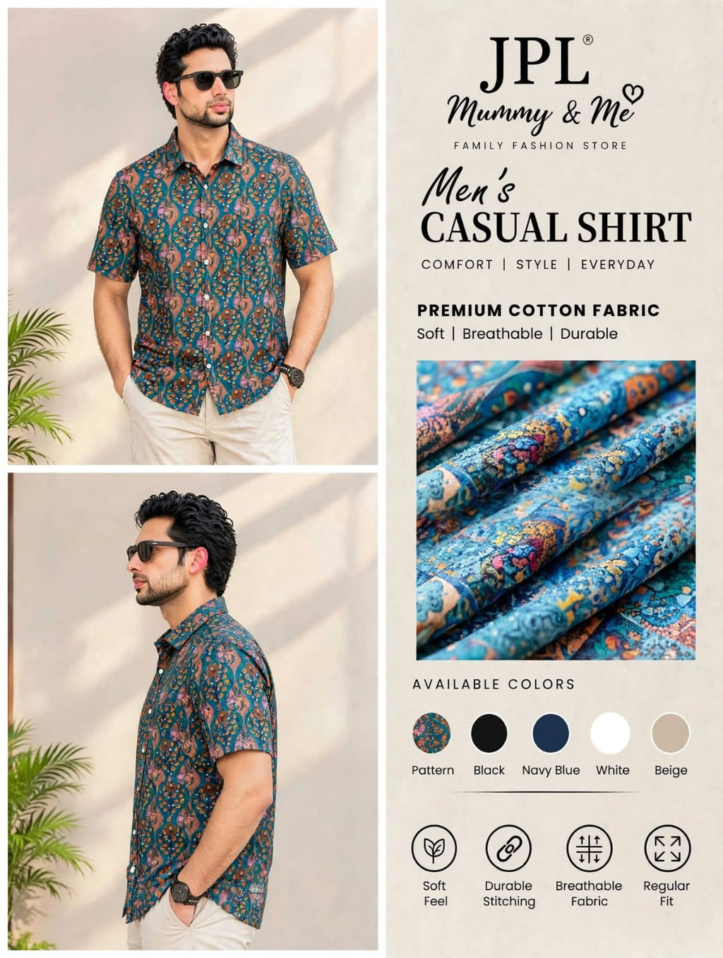 JPL Majili - Men's Teal Heritage Batik Printed Premium Cotton Casual Shirt