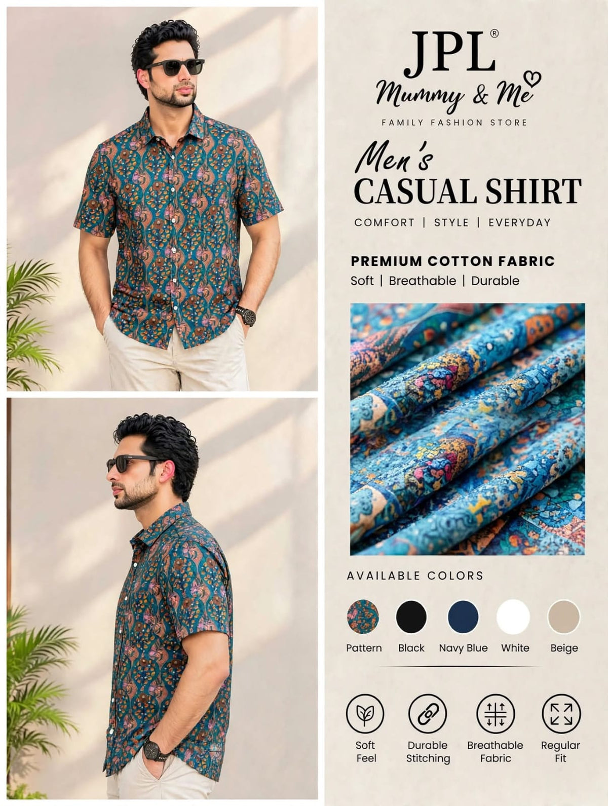 JPL Majili - Men's Teal Heritage Batik Printed Premium Cotton Casual Shirt