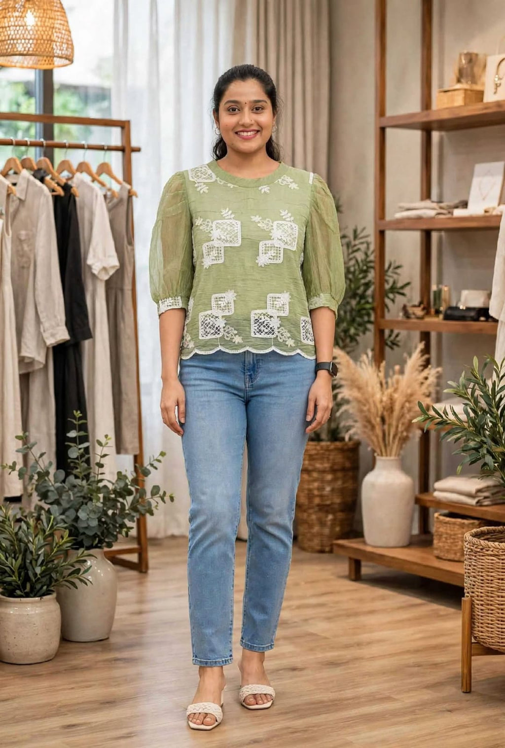 Light Green Embroidered Puff Sleeve Short Top🧡