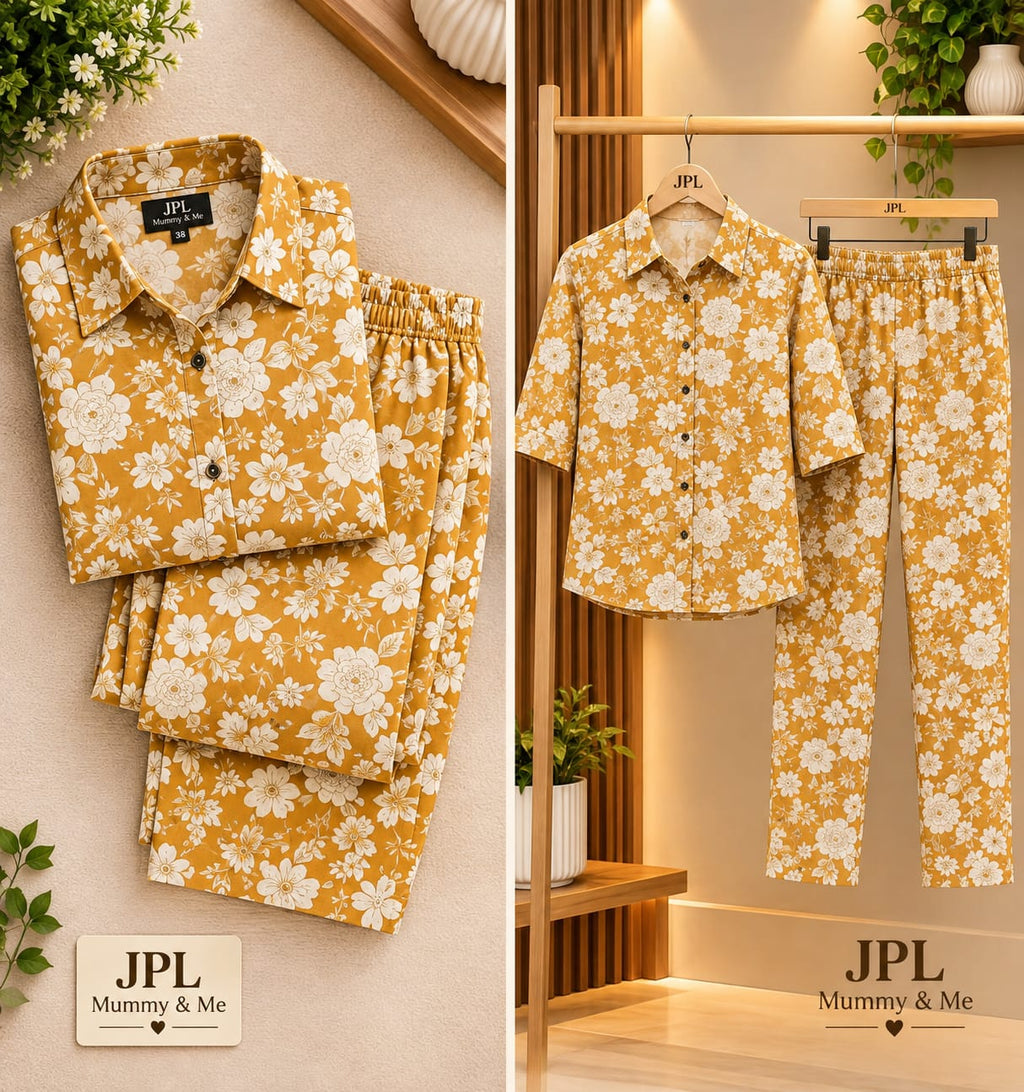 Mustard Floral Printed Shirt & Pant Co-ord Set