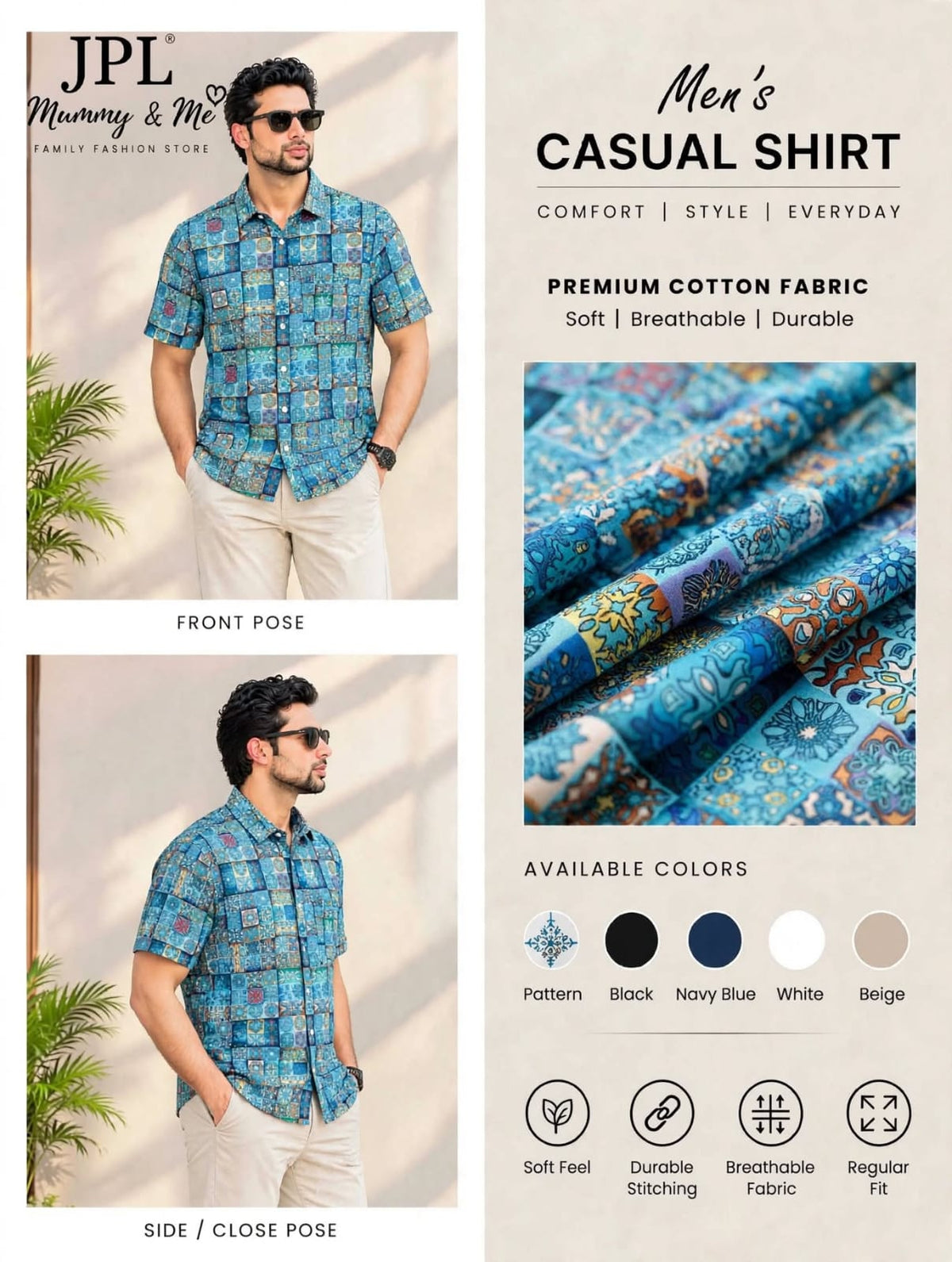 Blue Tile Mosaic / Azure Portuguese Tile Print Casual Shirt