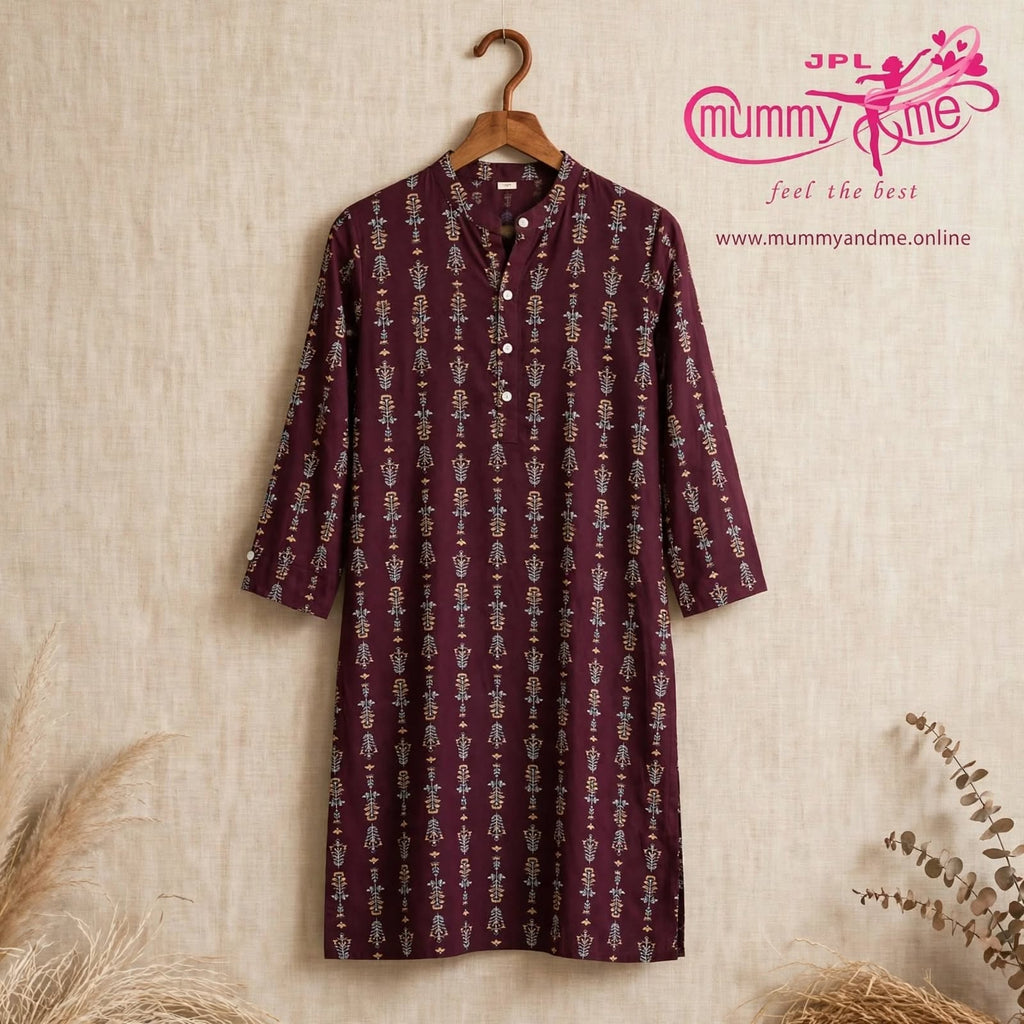 WINE PRINTED STRAIGHT KURTA 3/4 SLEEVE  50% OFF