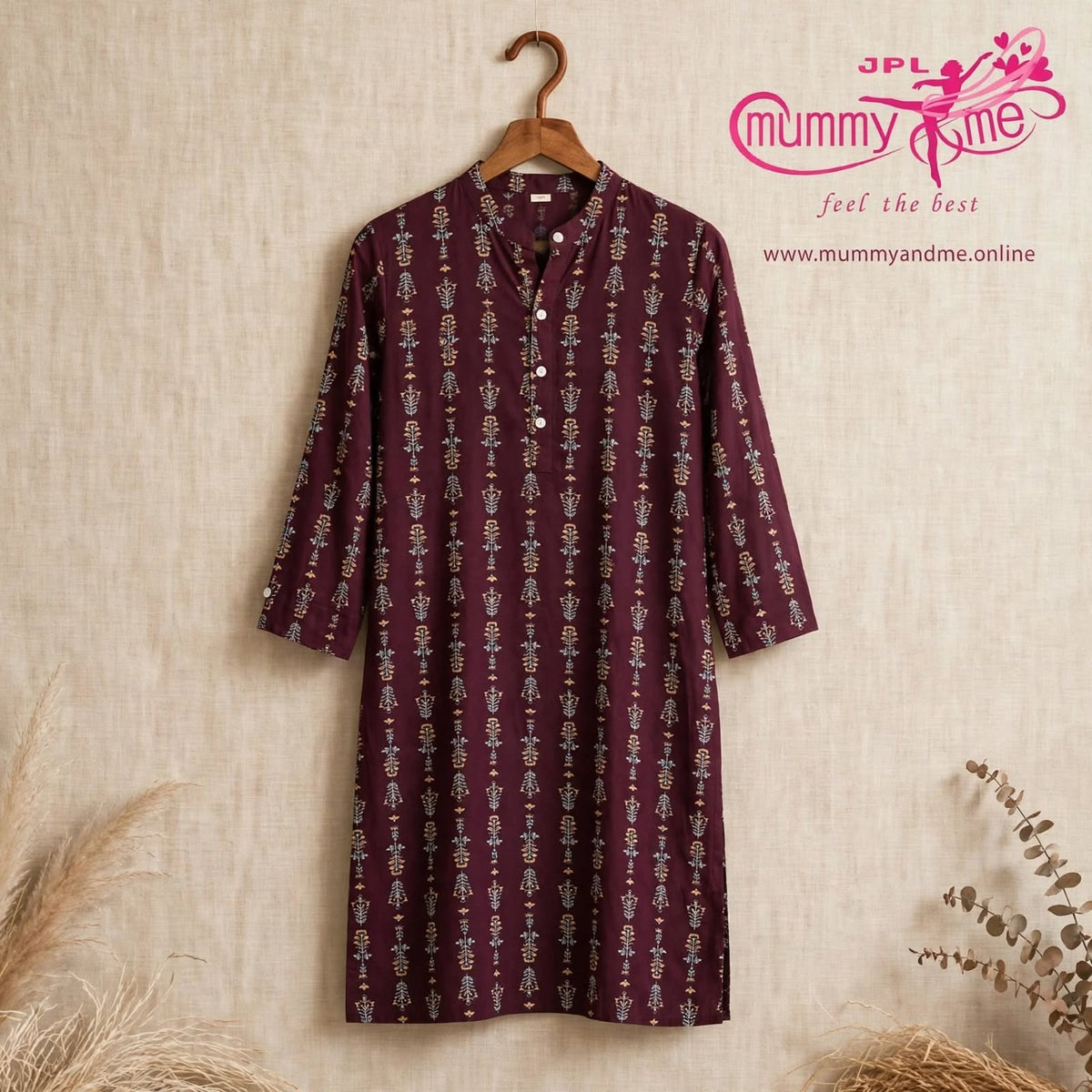 WINE PRINTED STRAIGHT KURTA 3/4 SLEEVE  50% OFF