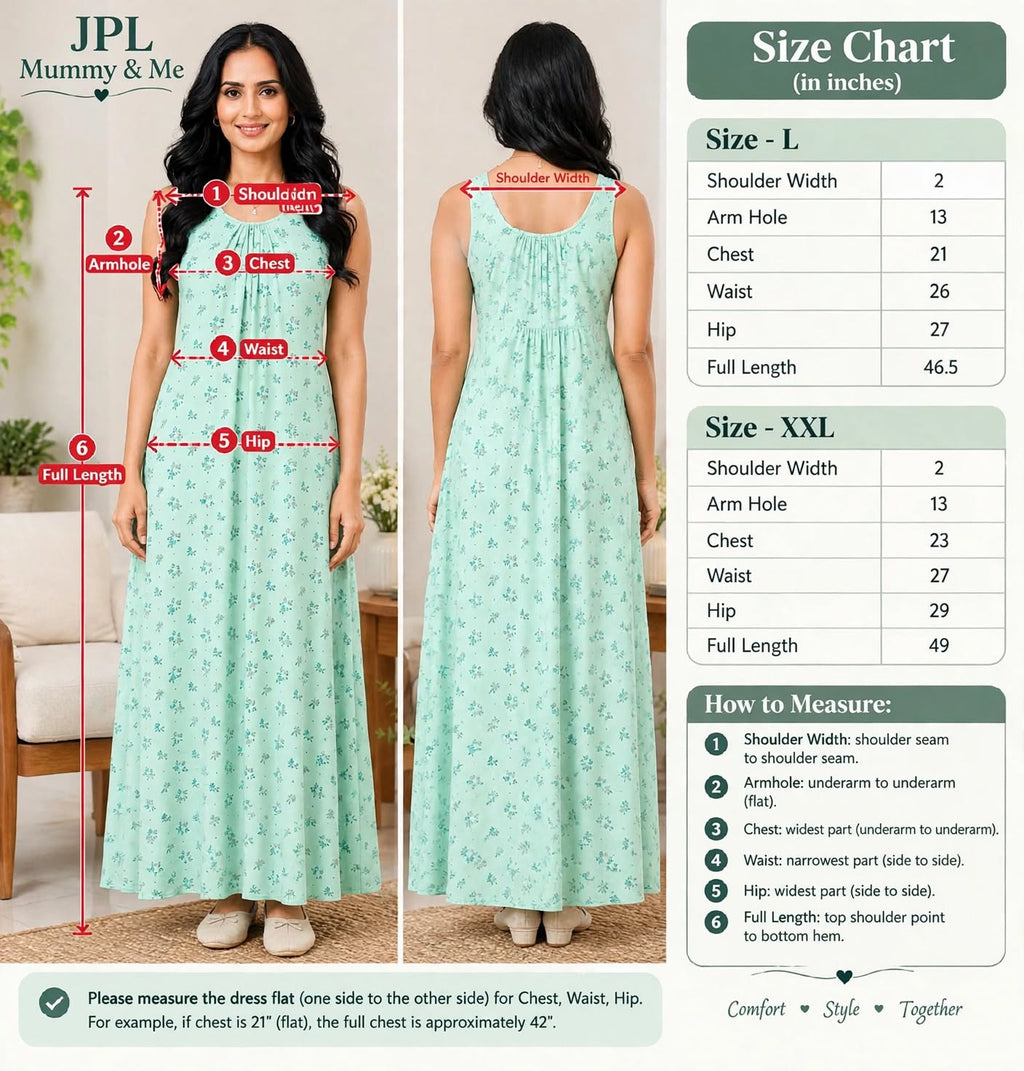 Sea Green Floral Sleeveless Long Nighty