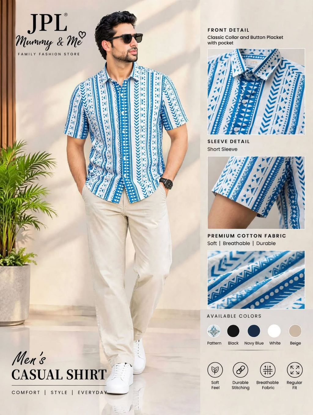 Men's Blue & White Printed Cotton Casual Shirt