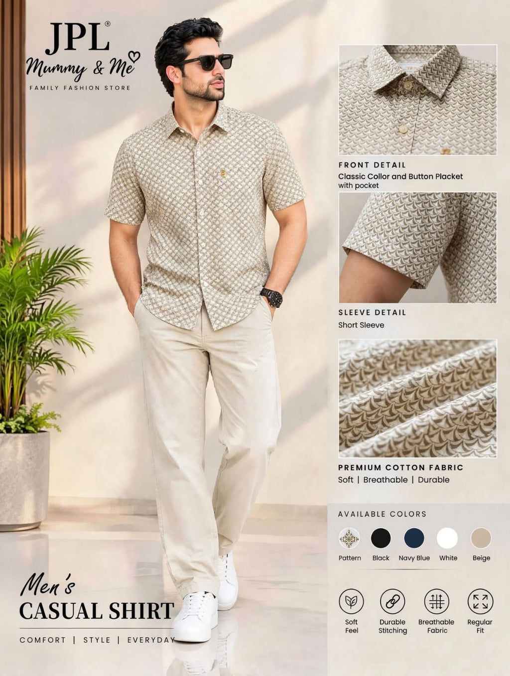 Premium Comfort Fit Printed Shirt - Beige / Olive Small Leaf Print