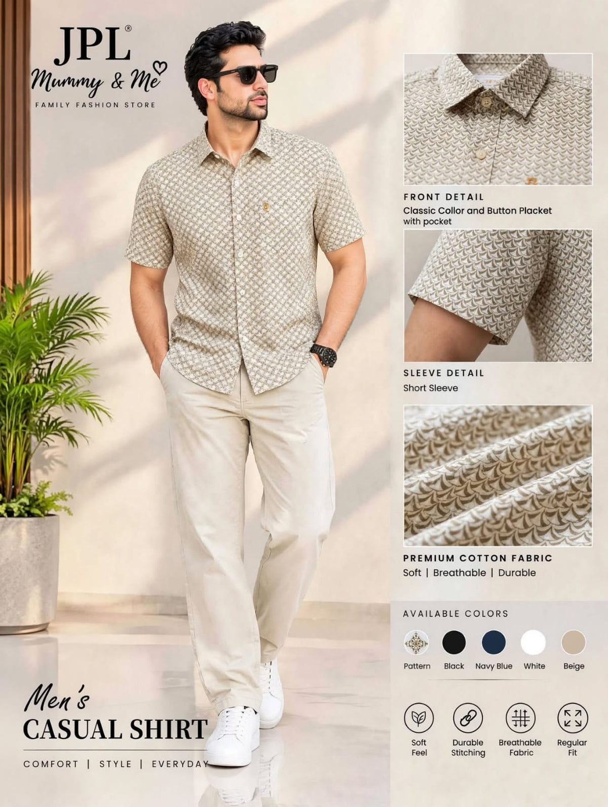 Premium Comfort Fit Printed Shirt - Beige / Olive Small Leaf Print