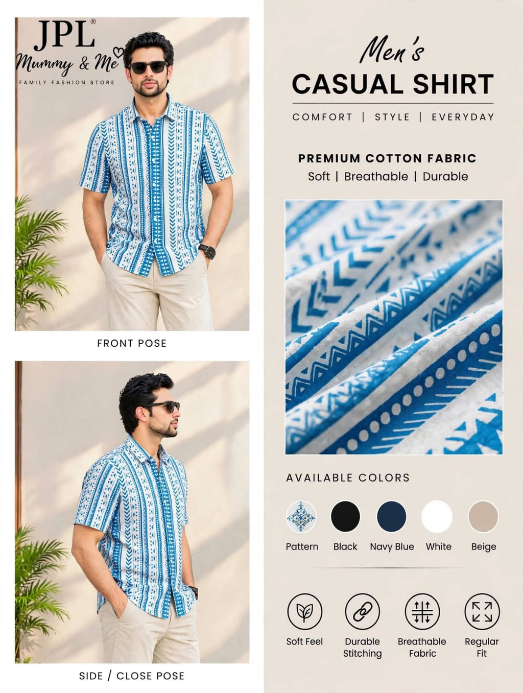 Men's Blue & White Printed Cotton Casual Shirt