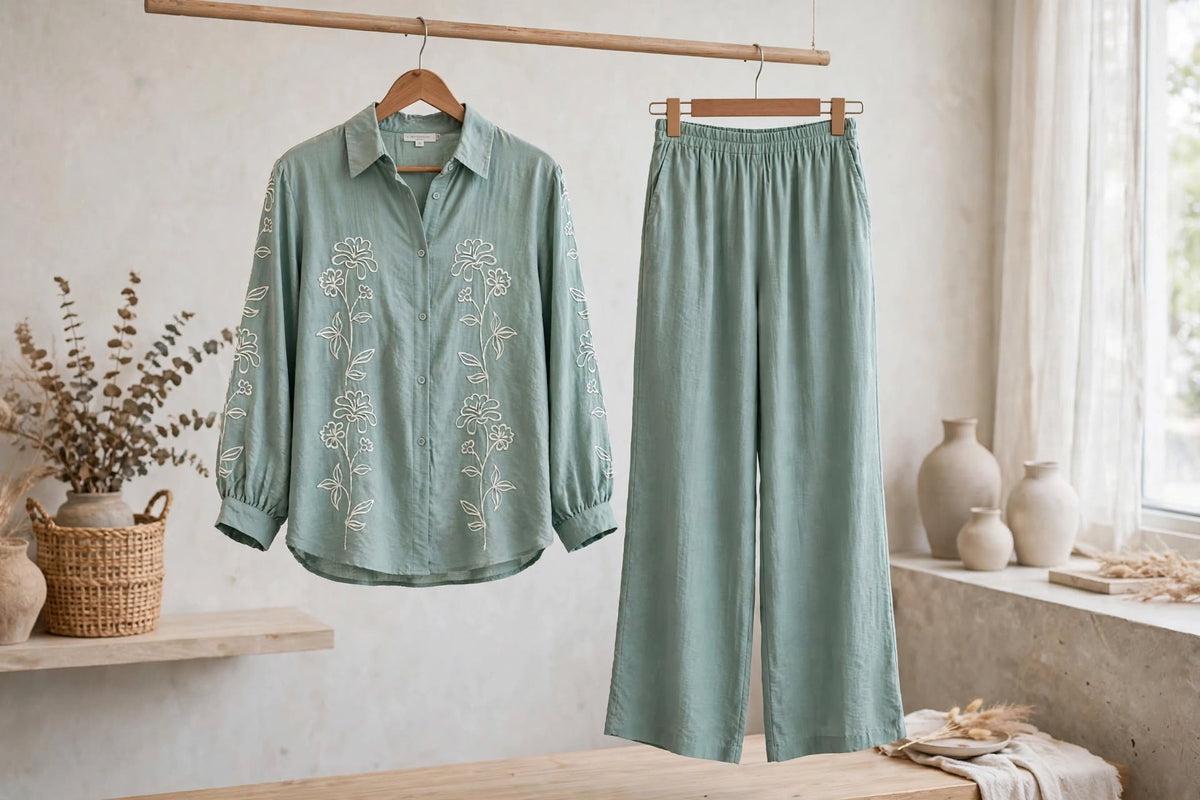 Sage Green Floral Embroidery Shirt & Palazzo Pant Set