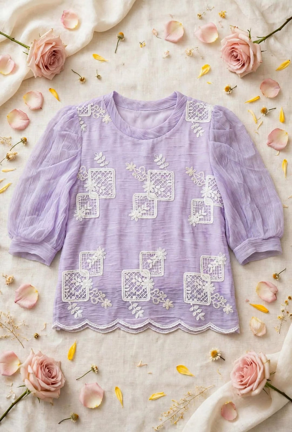 Lavender Embroidered Puff Sleeve Short Top🧡