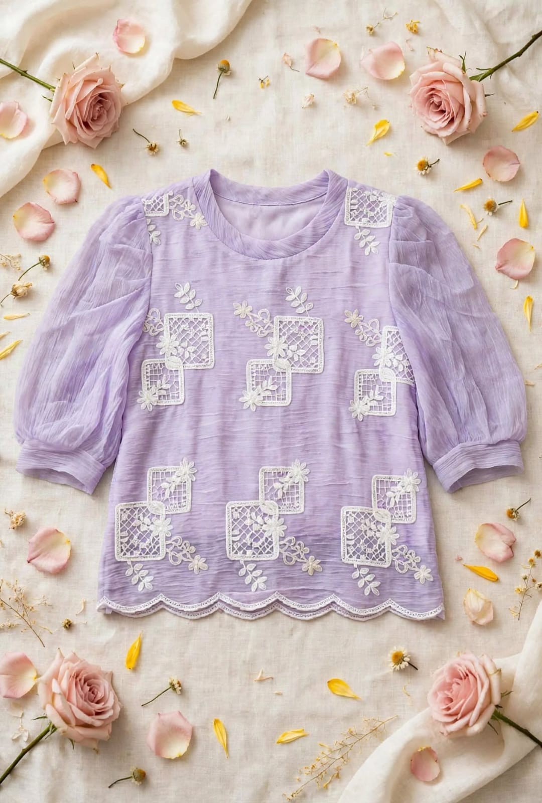 Lavender Embroidered Puff Sleeve Short Top🧡