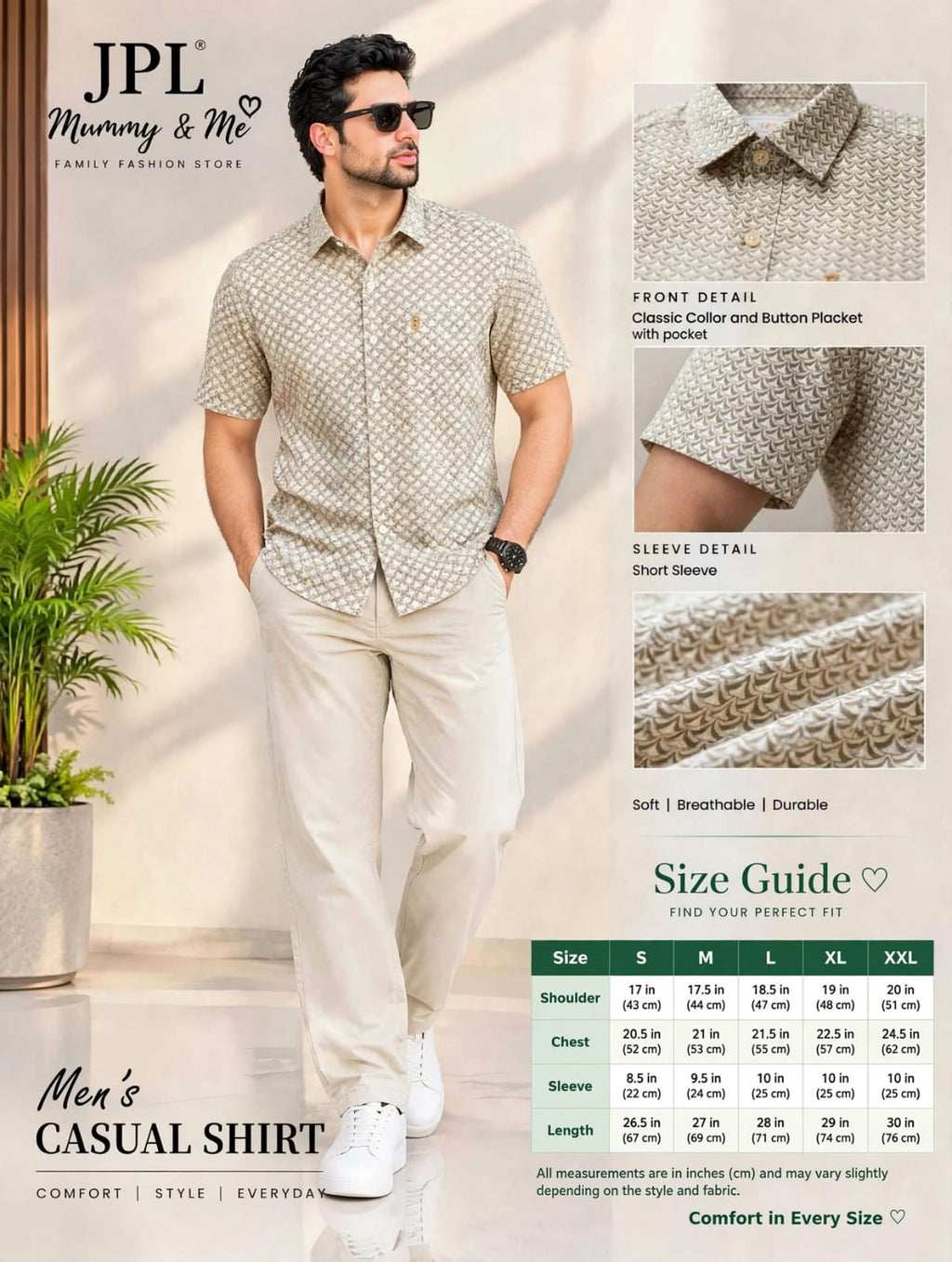 Premium Comfort Fit Printed Shirt - Beige / Olive Small Leaf Print