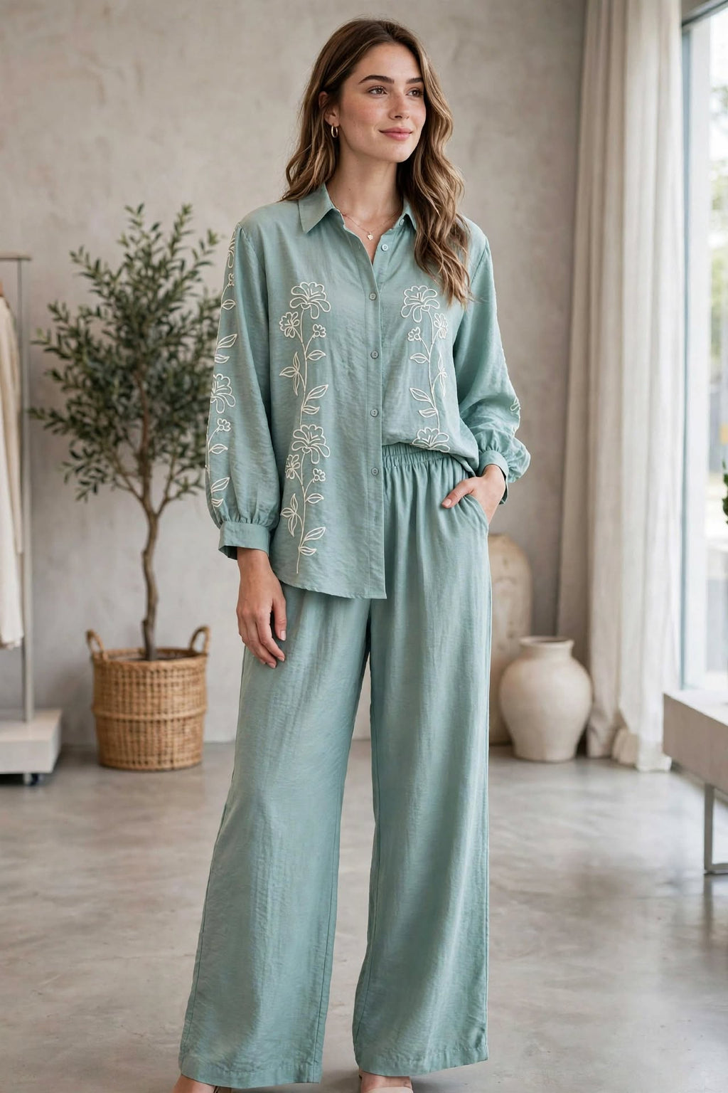 Sage Green Floral Embroidery Shirt & Palazzo Pant Set