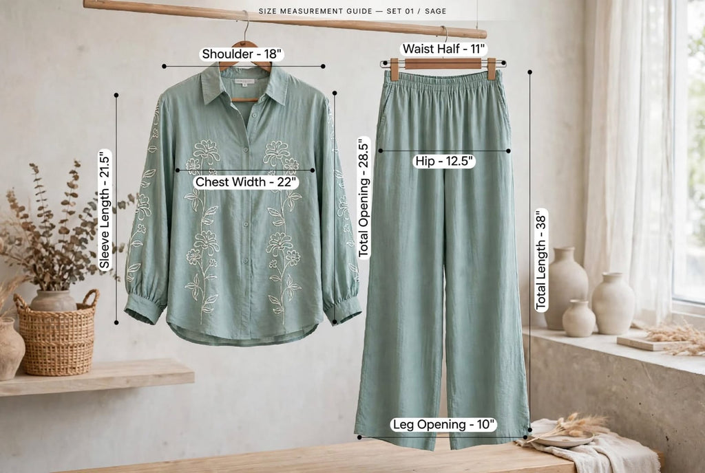 Sage Green Floral Embroidery Shirt & Palazzo Pant Set