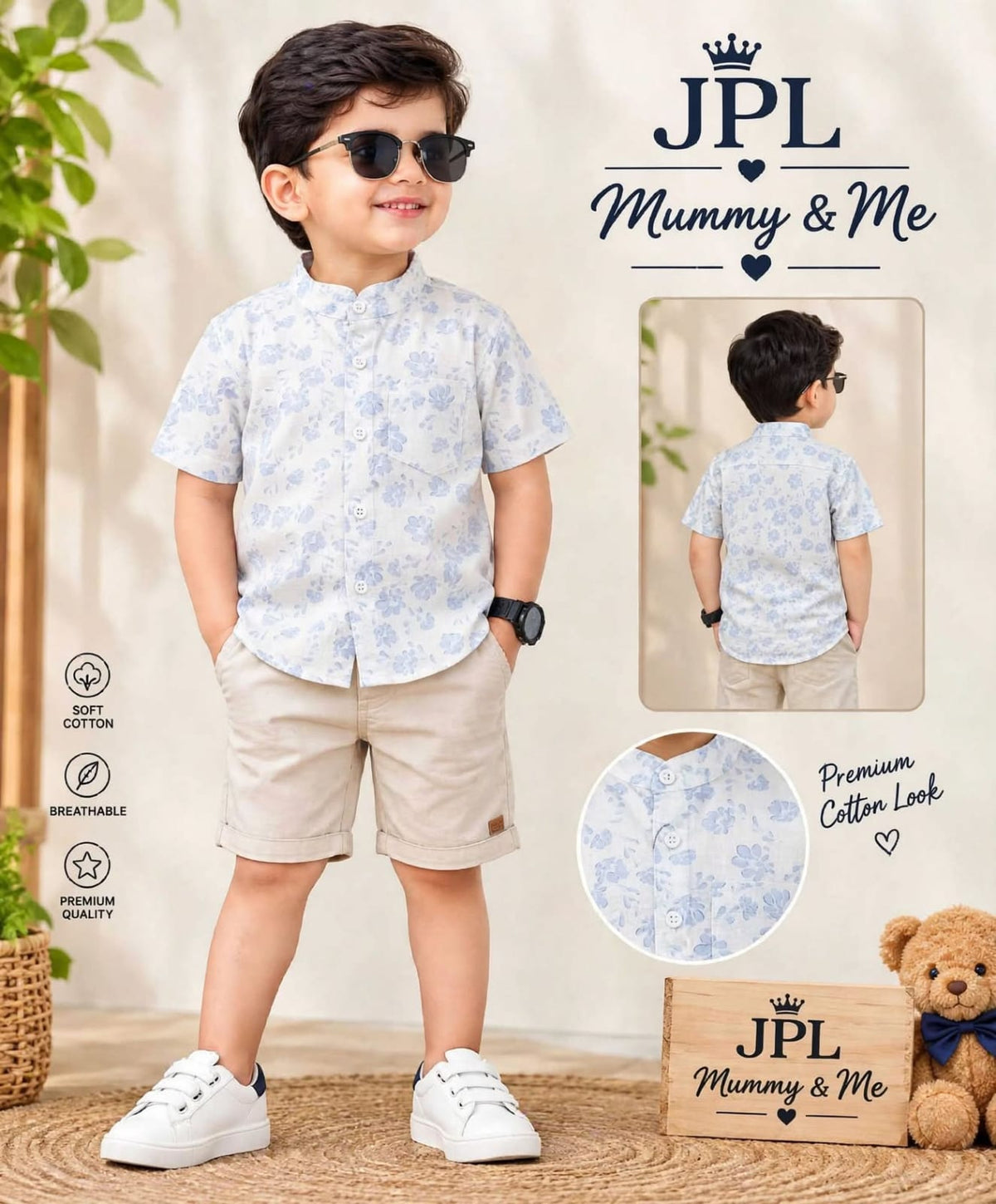 Boys Premium Cotton Floral Printed Mandarin Collar Shirt
