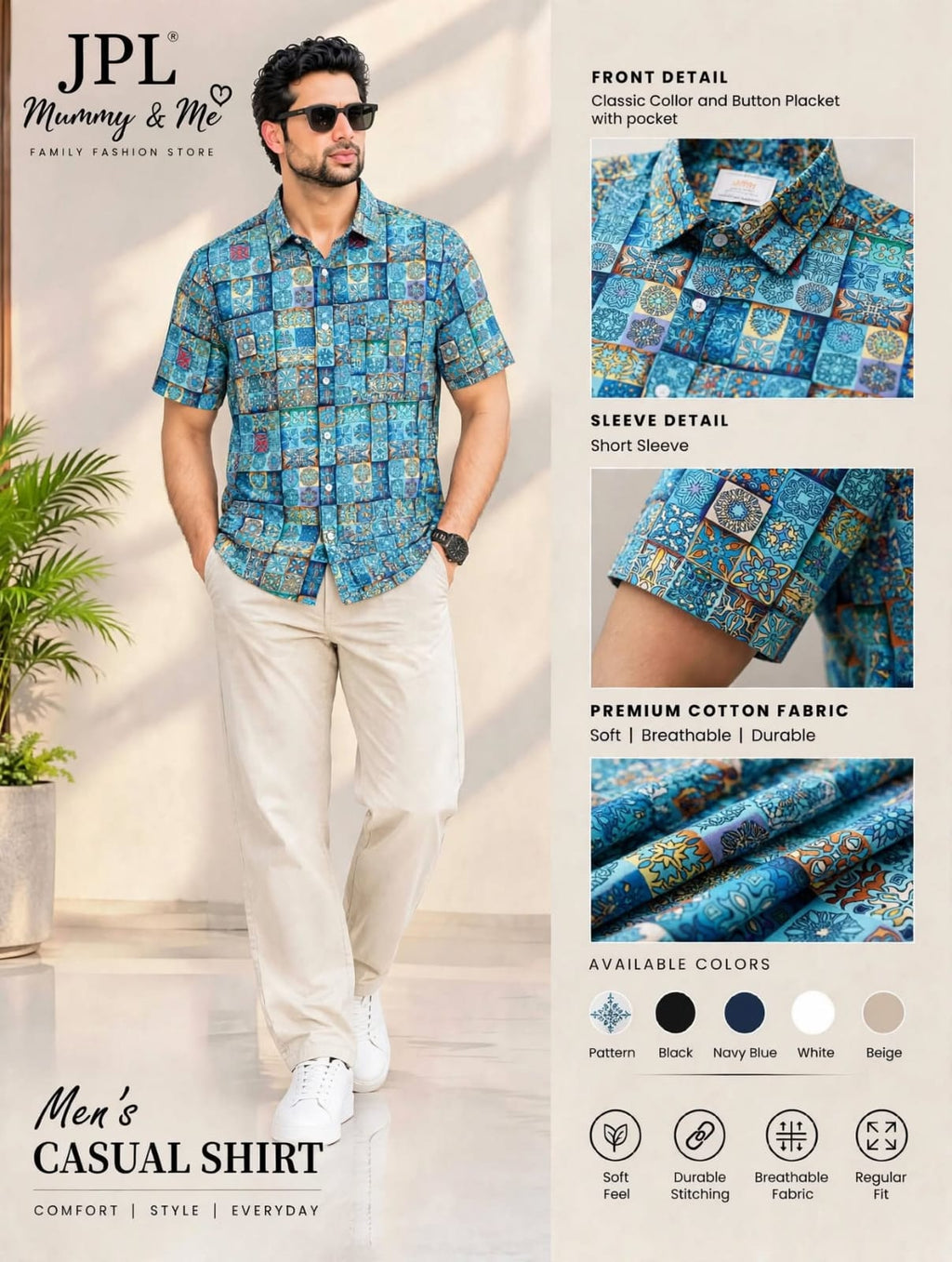 Blue Tile Mosaic / Azure Portuguese Tile Print Casual Shirt