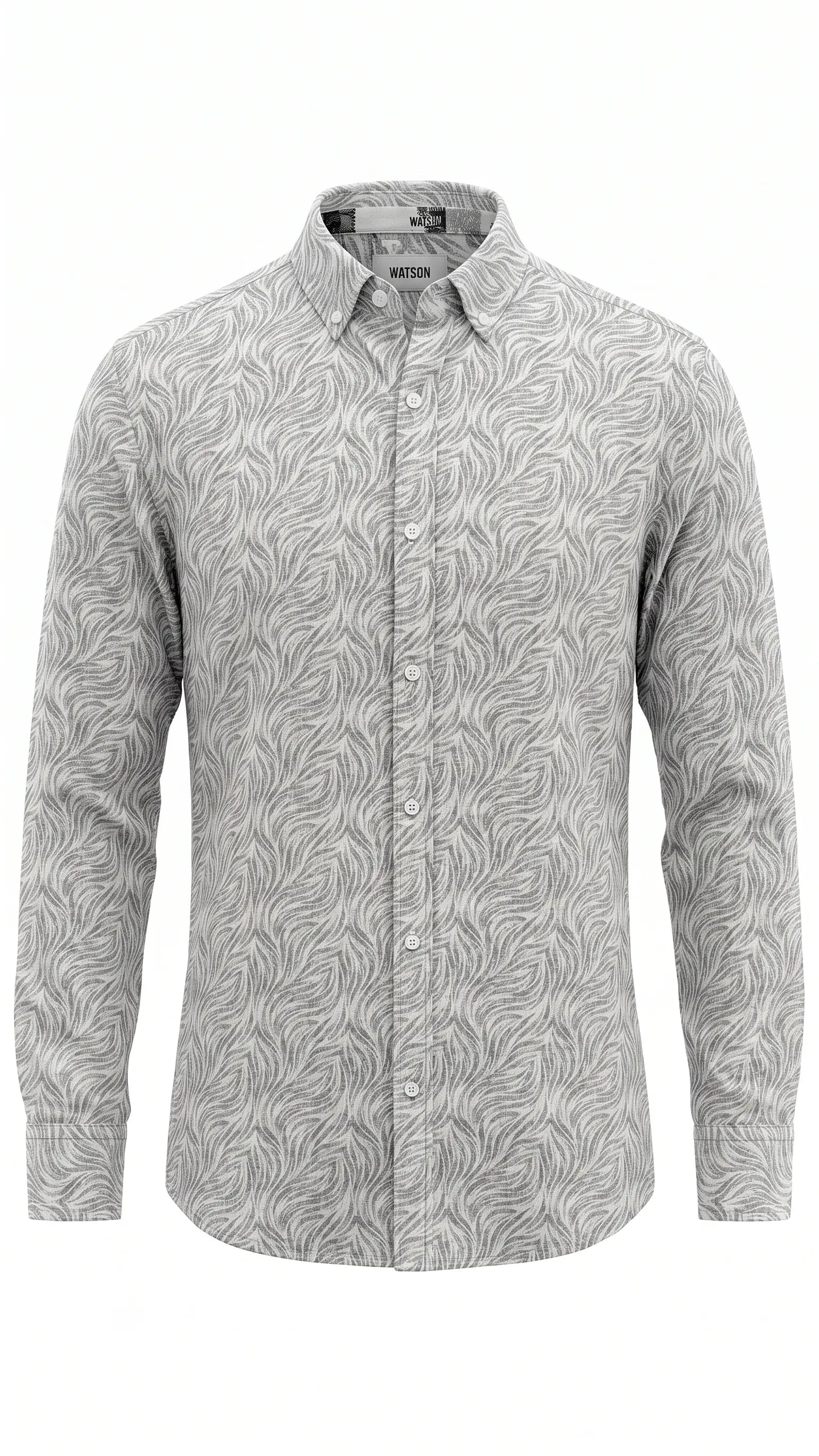 Men's Grey Abstract Leaf Print Cotton Shirt – Full Sleeve, Slim Fit