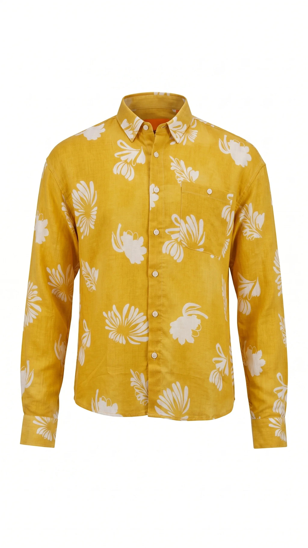 Mustard Yellow Floral Print Cotton Linen Shirt