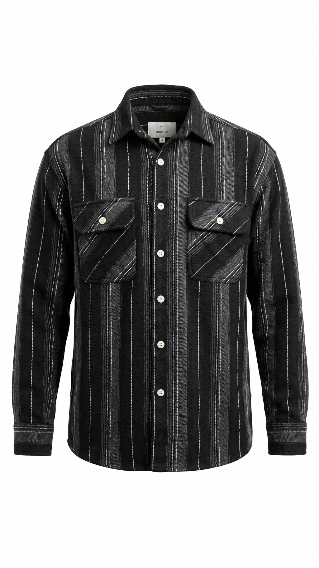 Men's Black Vertical Striped Overshirt with Dual Flap Pockets
