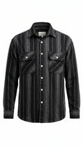 Men's Black Vertical Striped Overshirt with Dual Flap Pockets