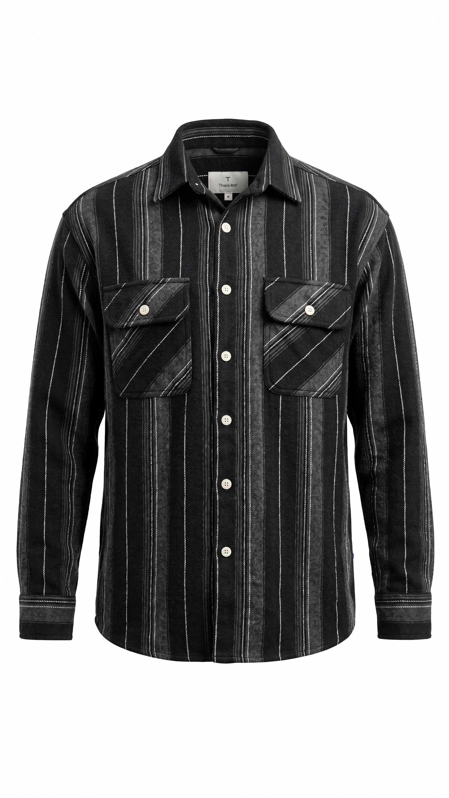 Men's Black Vertical Striped Overshirt with Dual Flap Pockets