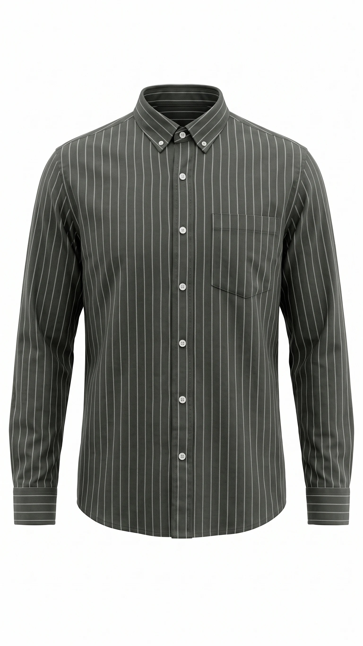 Men's Olive Green Pinstripe Oxford Shirt with Button-Down Collar