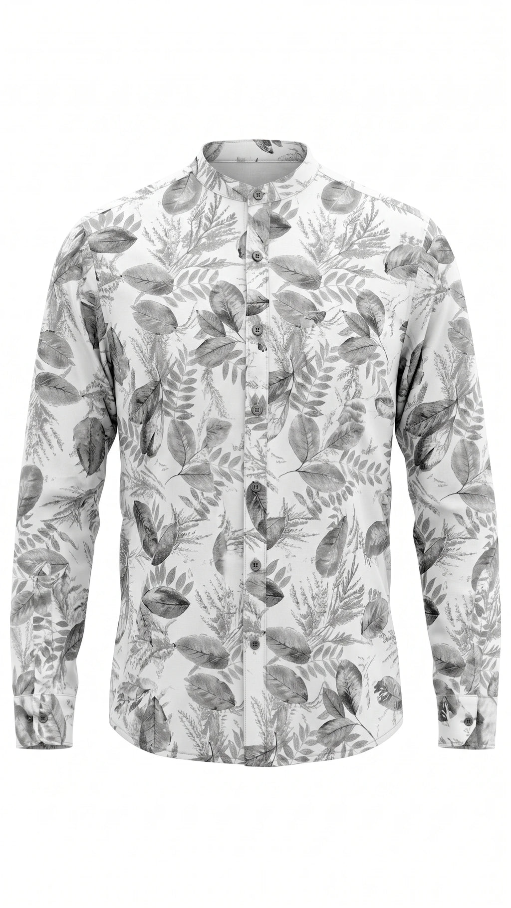 Men's White Botanical Print Mandarin Collar Shirt