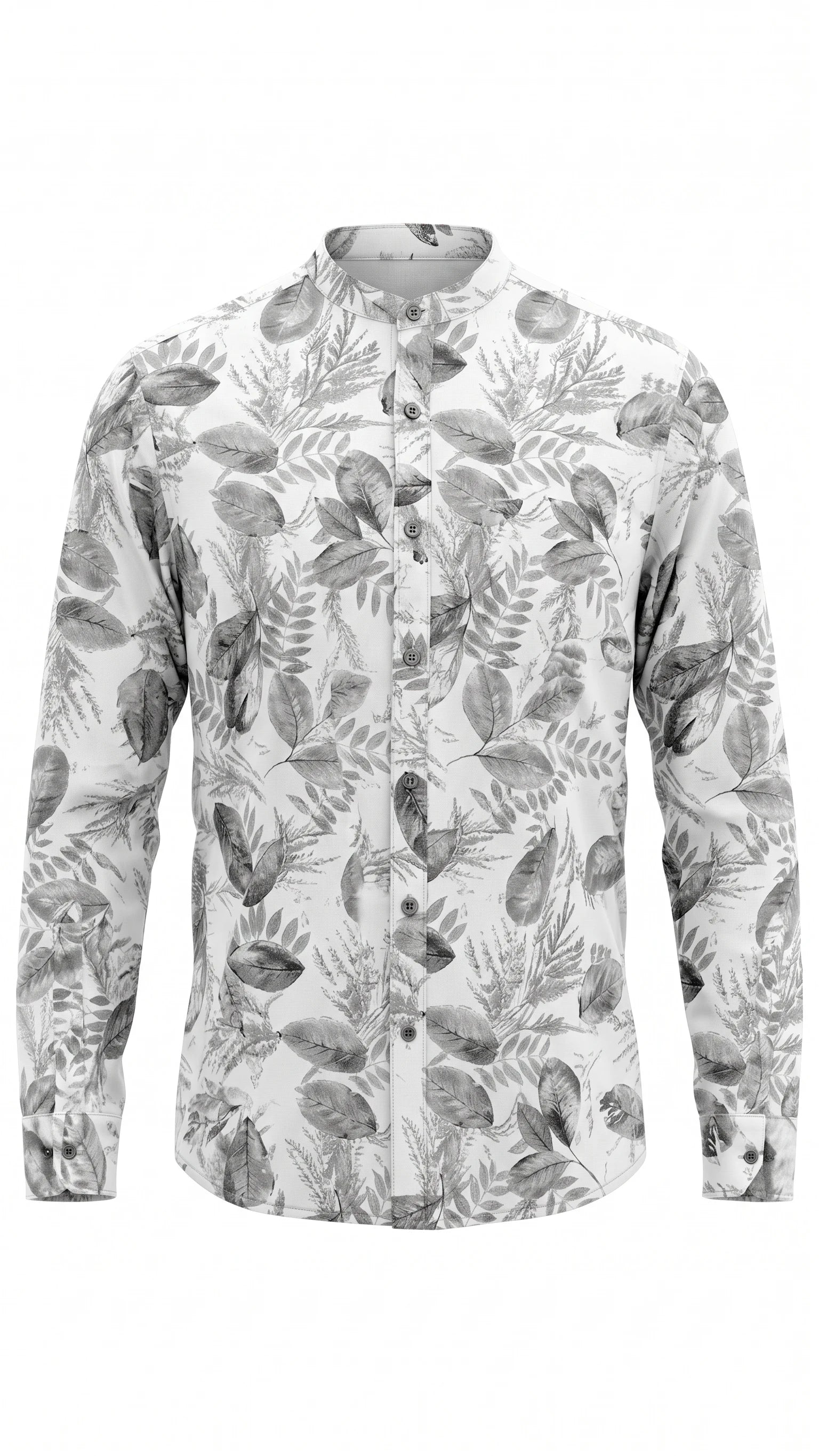 Men's White Botanical Print Mandarin Collar Shirt