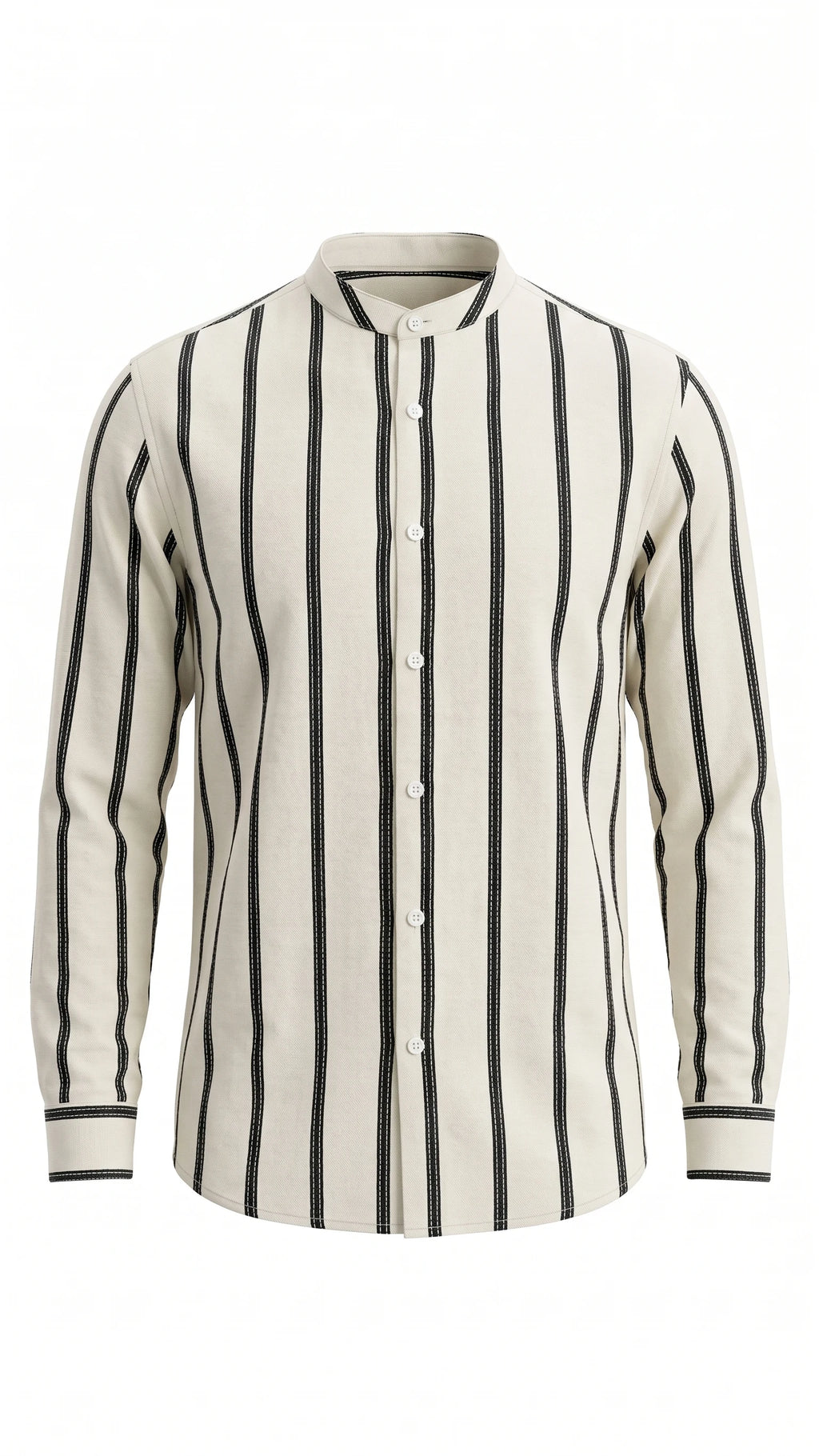 Men's Off-White Vertical Striped Mandarin Collar Shirt