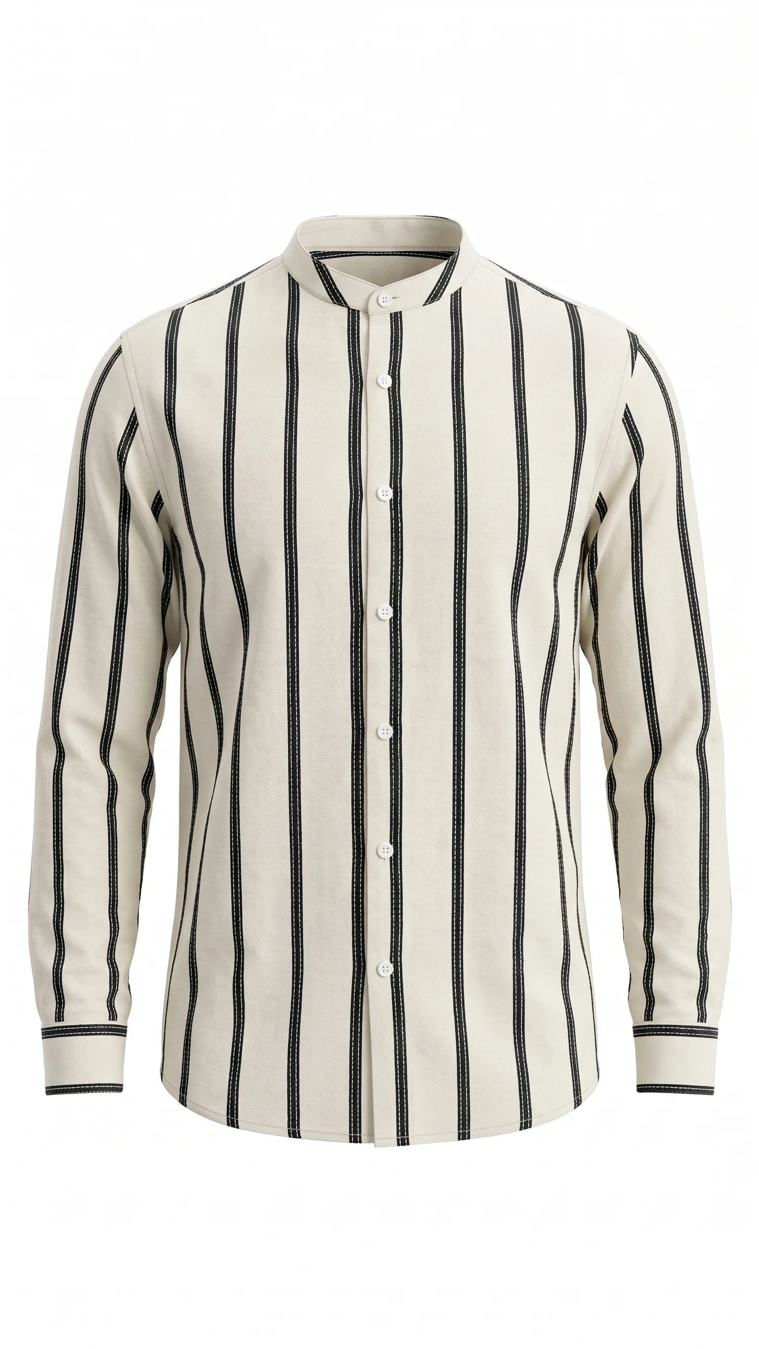 Men's Off-White Vertical Striped Mandarin Collar Shirt