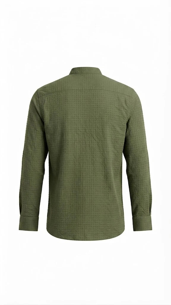 Olive Green Textured Mandarin Collar Kurta Shirt