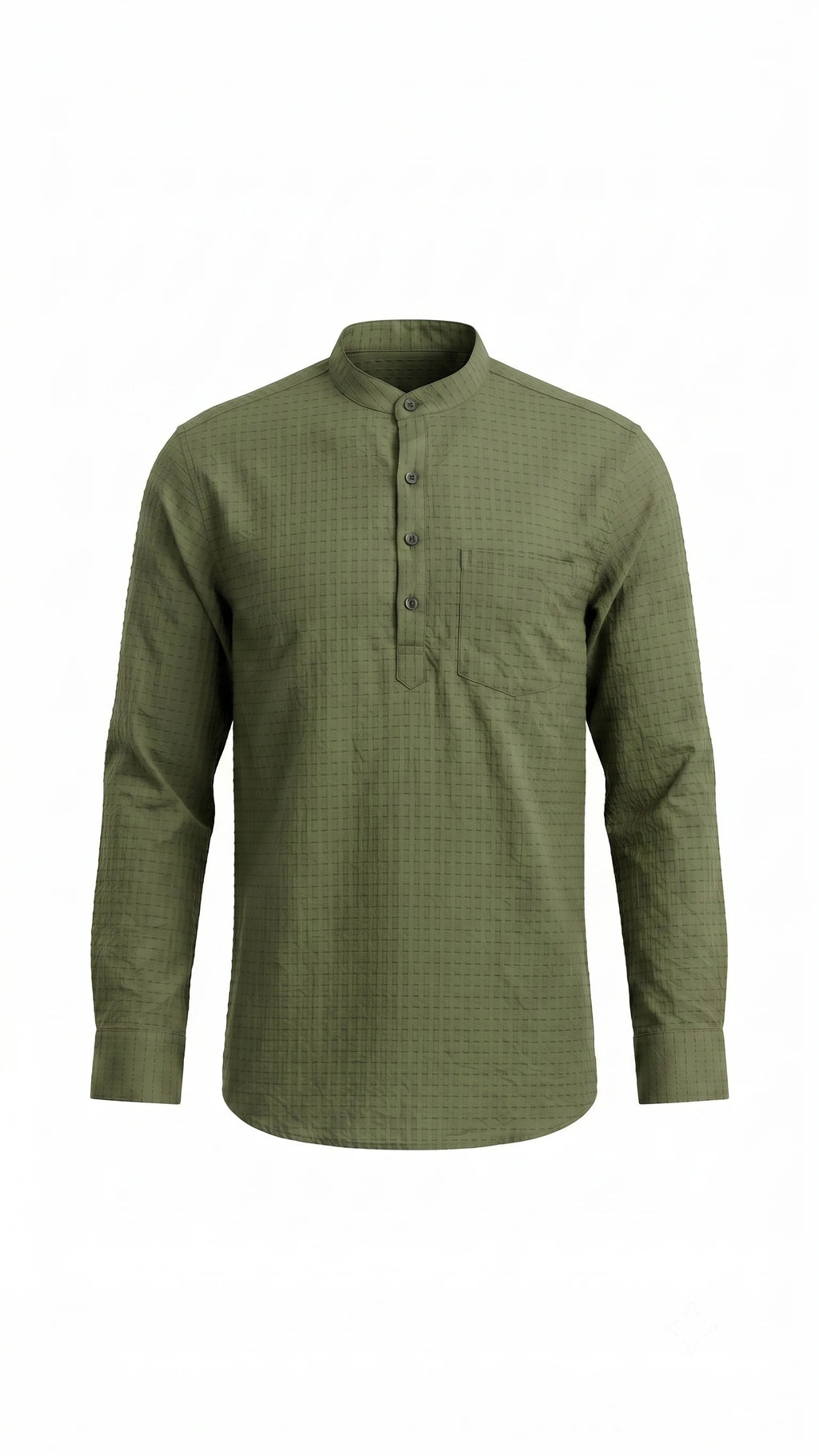 Olive Green Textured Mandarin Collar Kurta Shirt