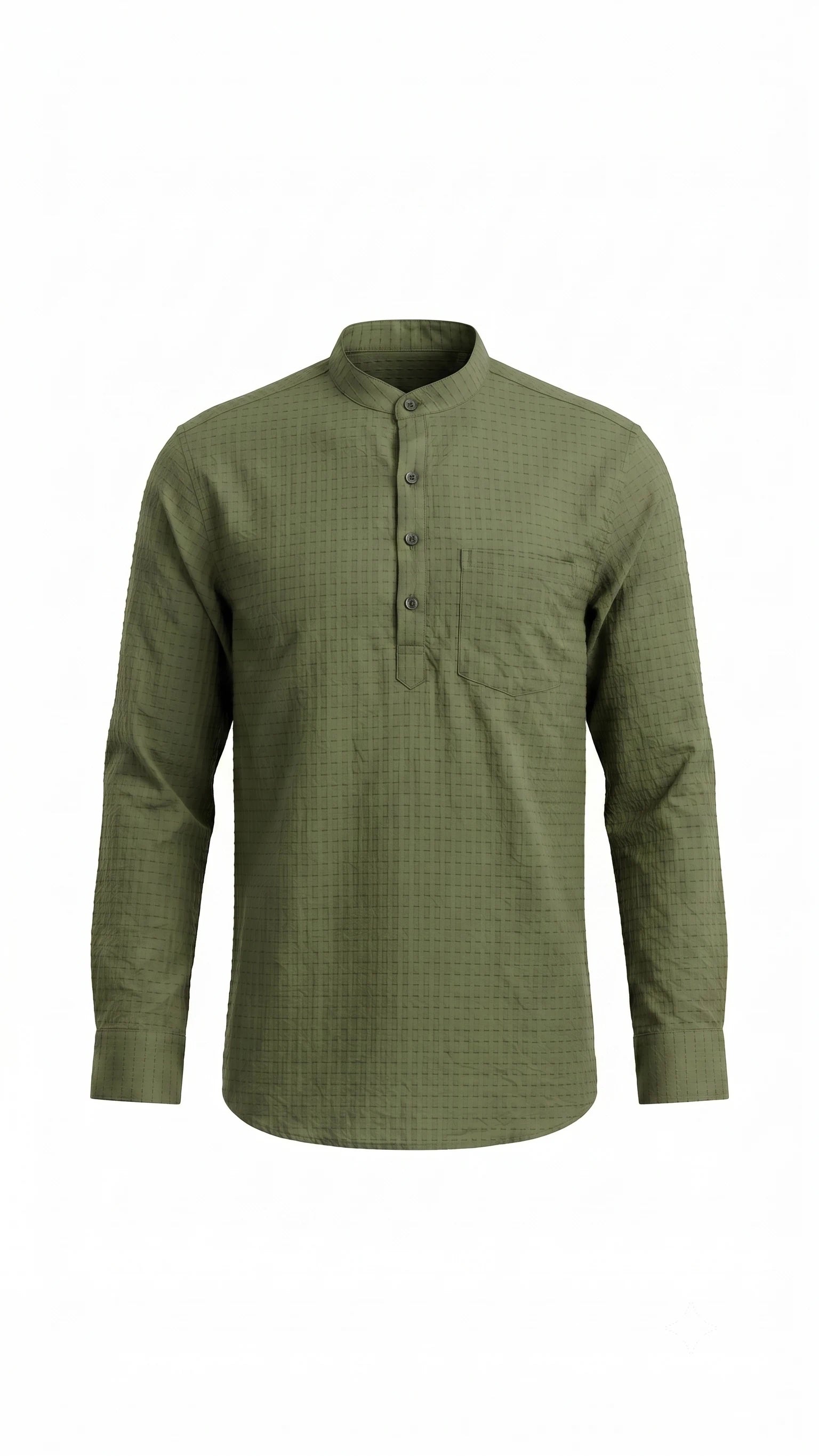 Olive Green Textured Mandarin Collar Kurta Shirt