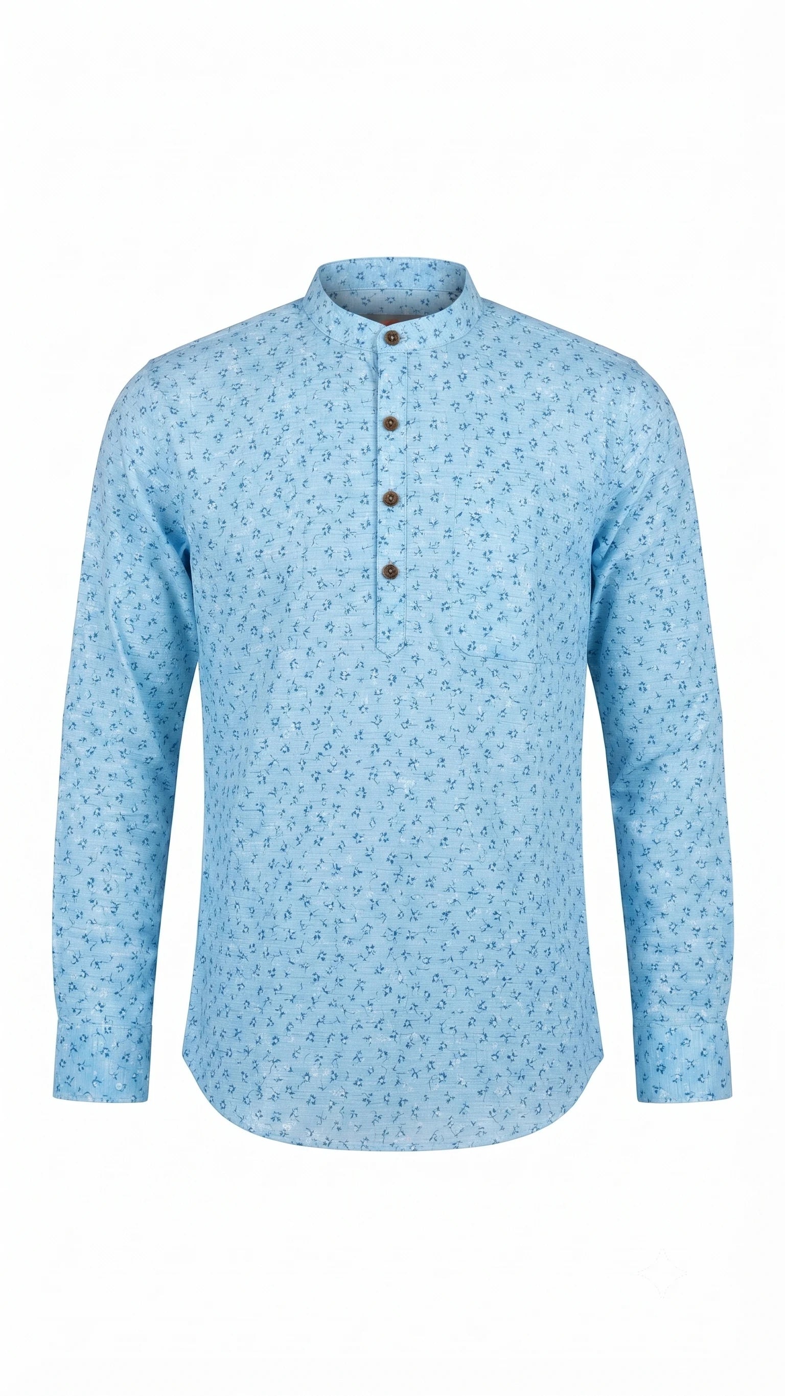 Sky Blue Micro Floral Printed Mandarin Collar Kurta Shirt