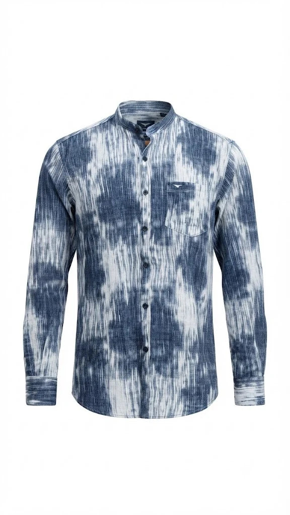 Indigo Tie-Dye Print Mandarin Collar Shirt