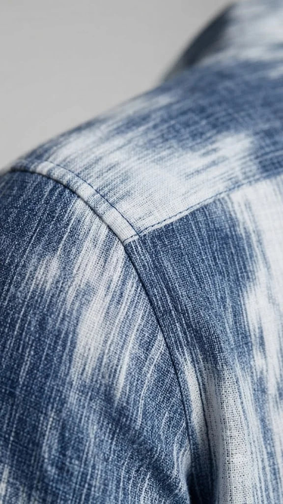 Indigo Tie-Dye Print Mandarin Collar Shirt