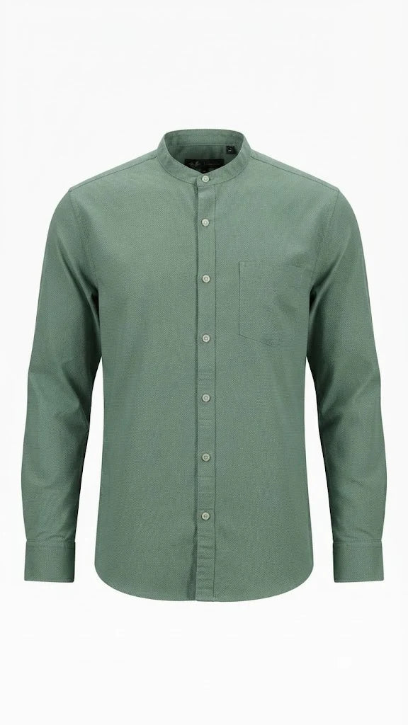 Sage Green Textured Mandarin Collar Shirt