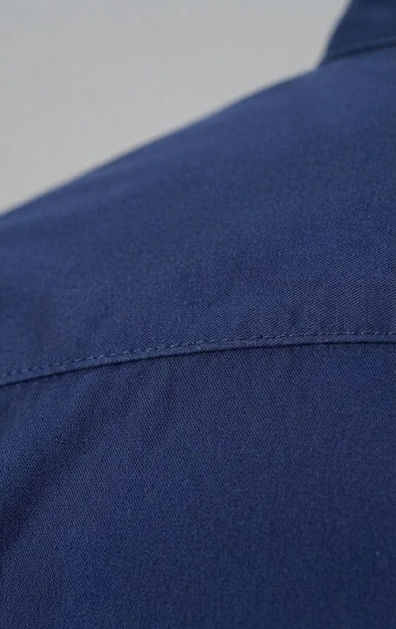 Navy Blue Cotton Blend Mandarin Collar Shirt
