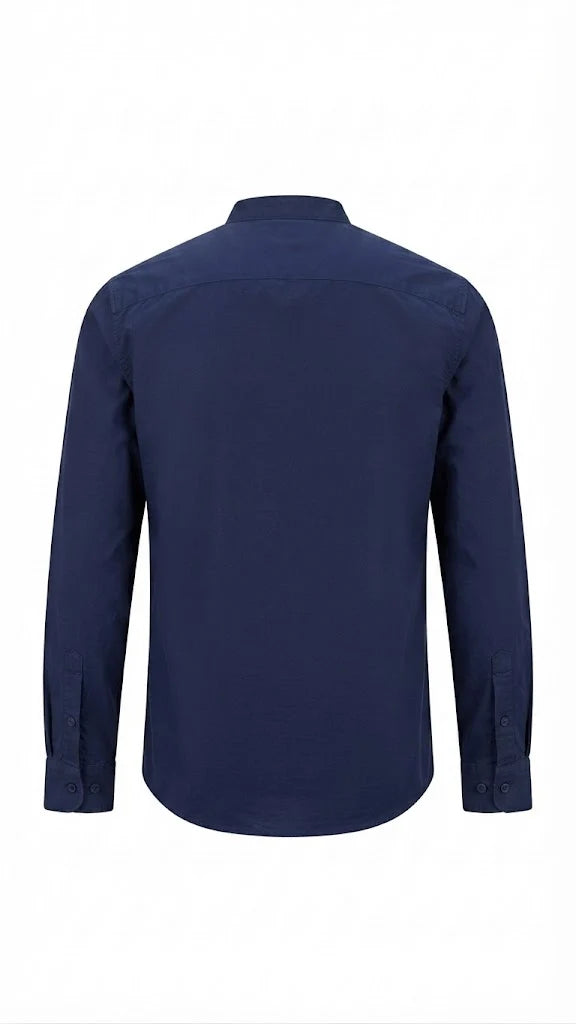 Navy Blue Cotton Blend Mandarin Collar Shirt