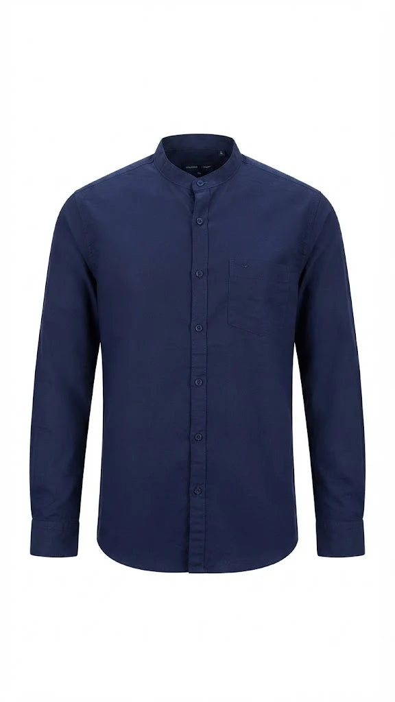 Navy Blue Cotton Blend Mandarin Collar Shirt