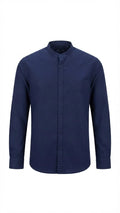 Navy Blue Cotton Blend Mandarin Collar Shirt