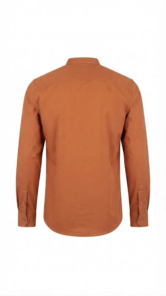 Rust Orange Solid Mandarin Collar Cotton Blend Kurta Shirt