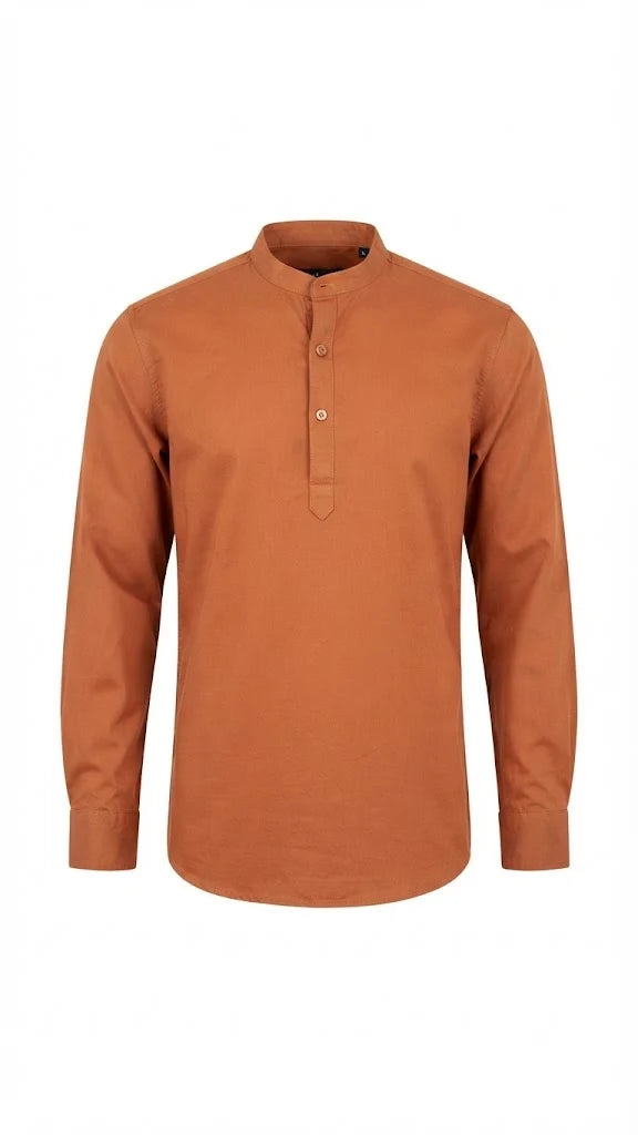 Rust Orange Solid Mandarin Collar Cotton Blend Kurta Shirt