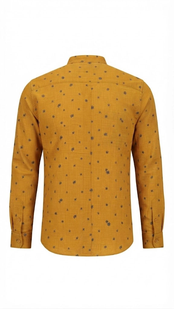 Mustard Floral Print Mandarin Collar Shirt