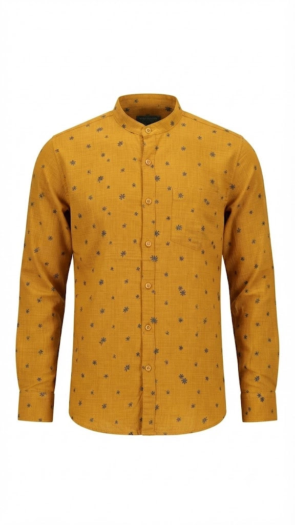 Mustard Floral Print Mandarin Collar Shirt