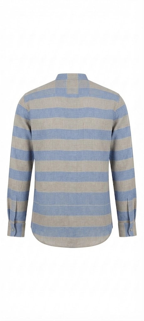 Sky Blue & Beige Striped Mandarin Collar Shirt
