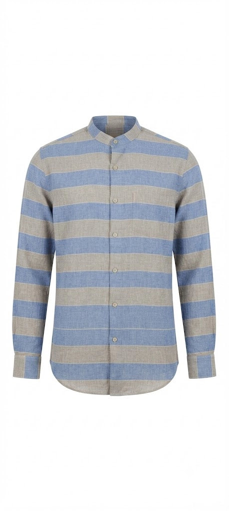 Sky Blue & Beige Striped Mandarin Collar Shirt