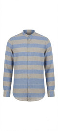 Sky Blue & Beige Striped Mandarin Collar Shirt
