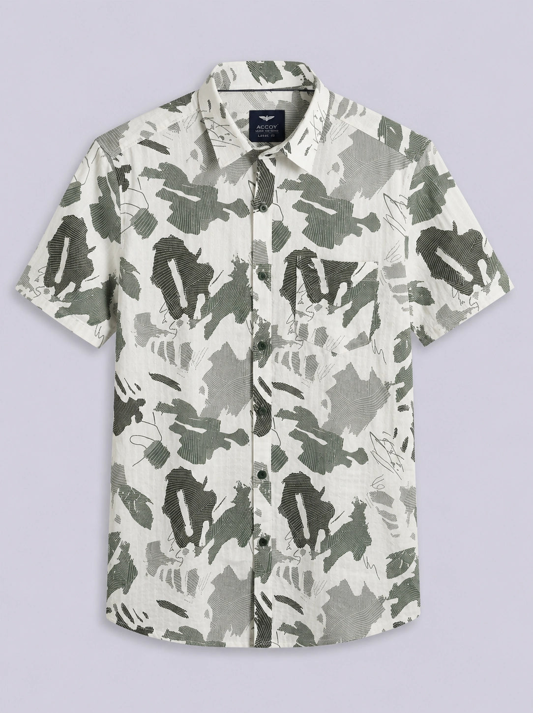 White & Olive Abstract Print Short Sleeve Shirt