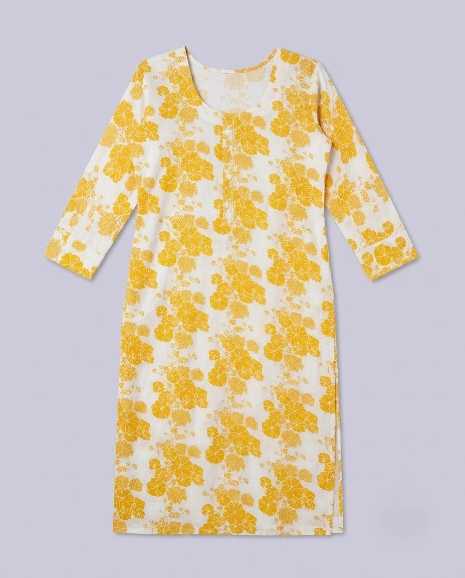Women's White & Mustard Floral Print Straight Kurti